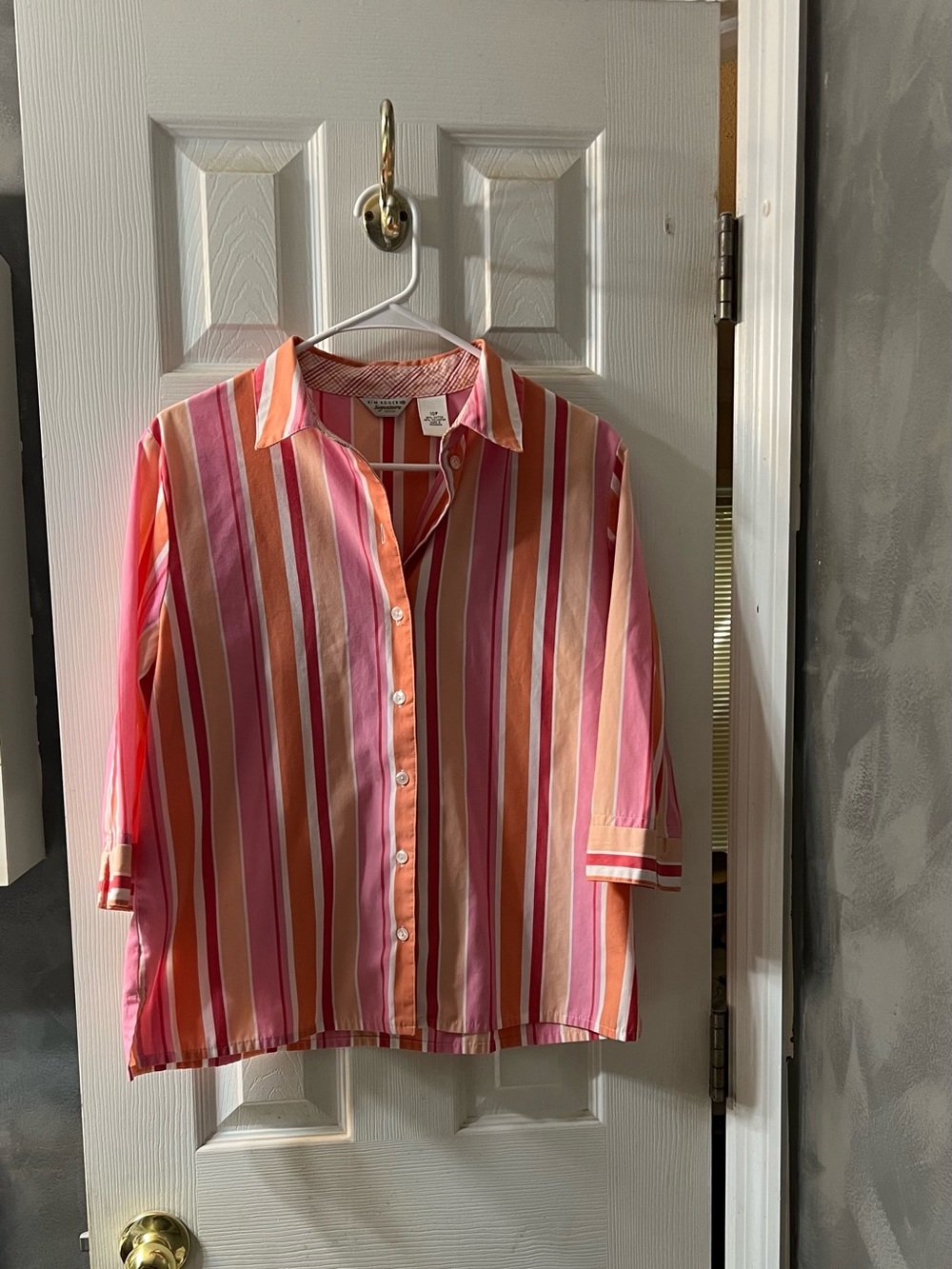 Kim Rogers Signature Petite 10P Multicolor Striped 3/4 Sleeve Button Blouse